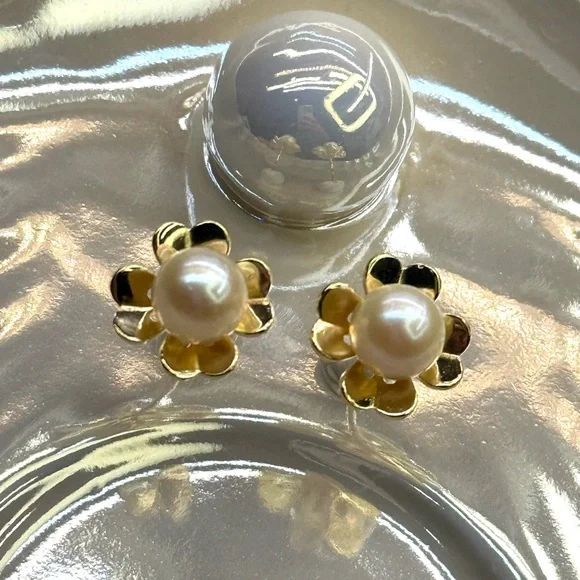 EPA43 Japanese 6-7mm CHAMPAGNE AkoyaPearl CLOVER Earrings 18K YELLOW GOLD S925